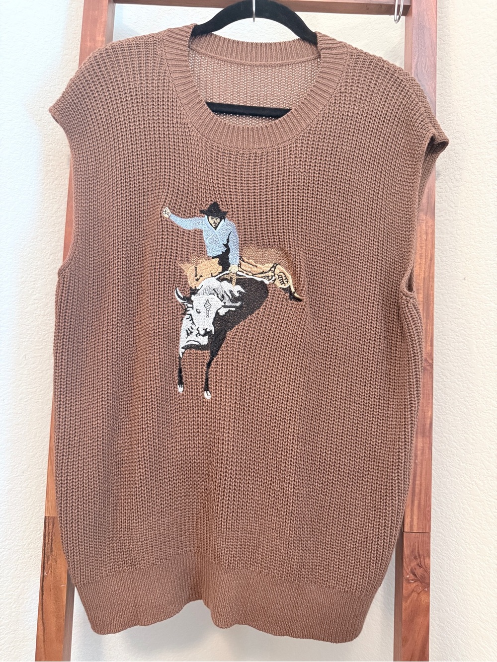 Brown Knit Sleeveless Sweater Vest with Rodeo Cowboy Western Embroidery XL